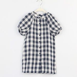 Girls Short Sleeve Button Front Plaid Cotton Dress
